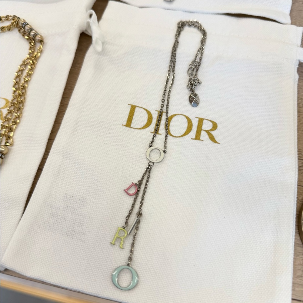 authentic💯Dior Silver Necklace with Multicolor logo Charms